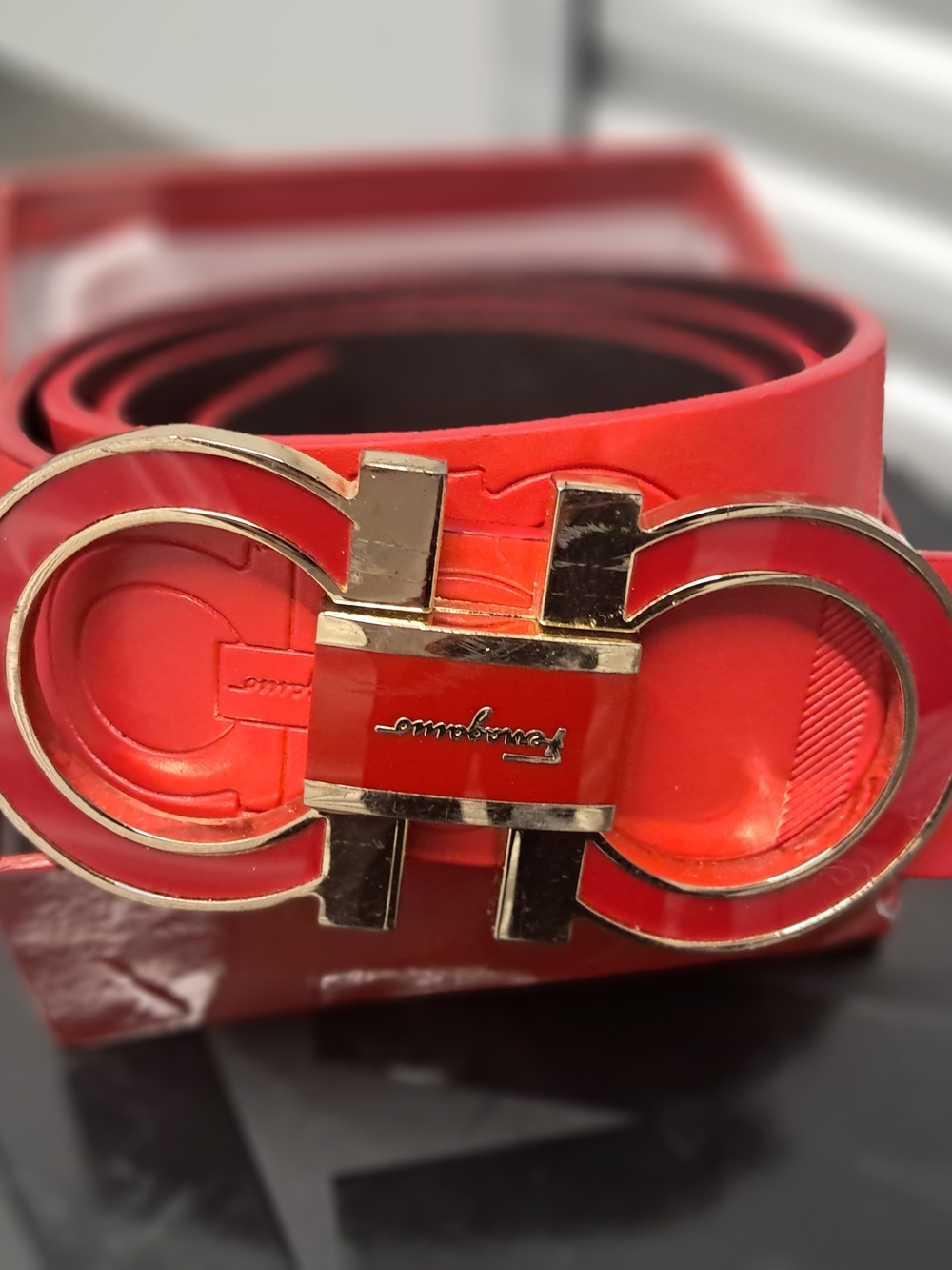 Salvatore Ferragamo Red Signature Gancini Belt with Gold Buckle
